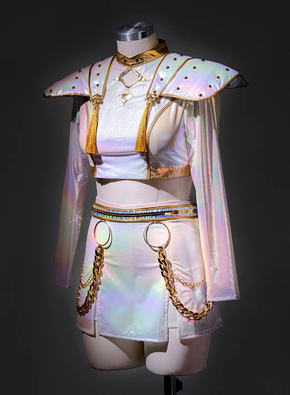 OSIAS Costume Cosplay Zoey Da Palco – Set Completo Con Top, Gonna, Ornamenti E Accessori, Dorato E Nero Con Paillettes - 5